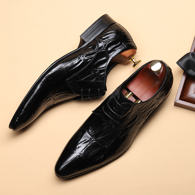 Men's Pointed Toe Business Alligator Pattern British Cowhide Leather Shoes