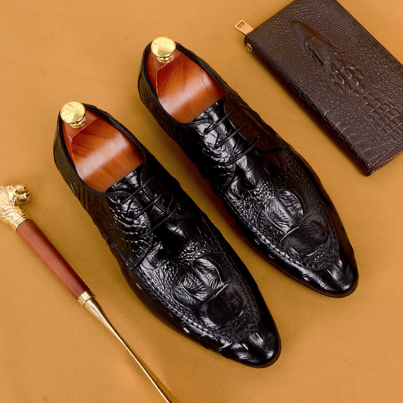 Men's British Business Dress Genuine Pointed Crocodile Leather Shoes