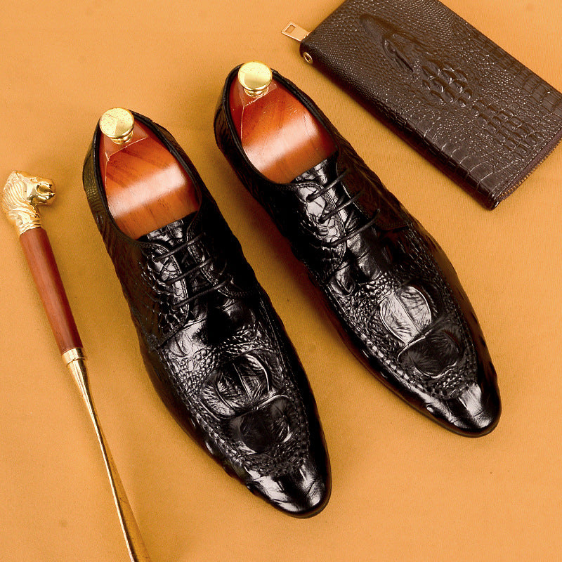 Men's British Business Dress Genuine Pointed Crocodile Leather Shoes