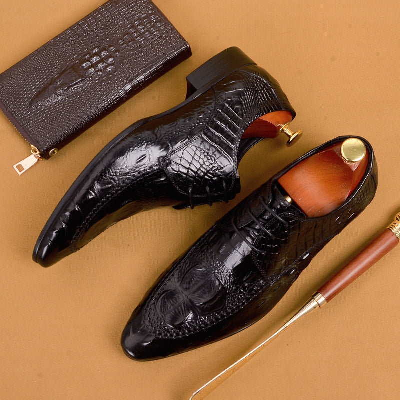 Men's British Business Dress Genuine Pointed Crocodile Leather Shoes