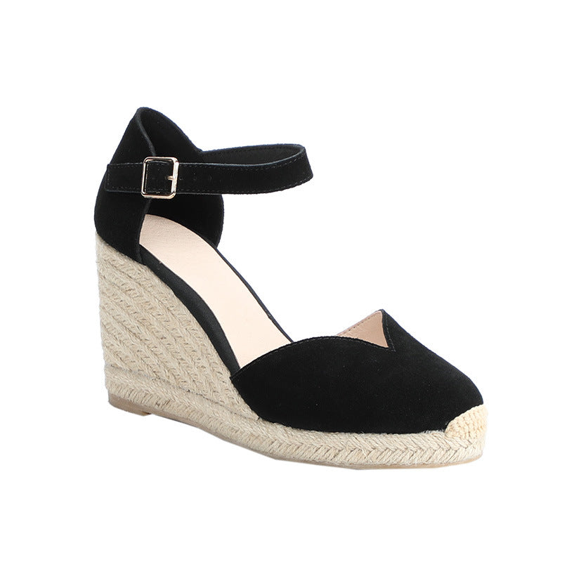 Women's Solid Color Hemp Sole Strap Wedge Fisherman Sandals