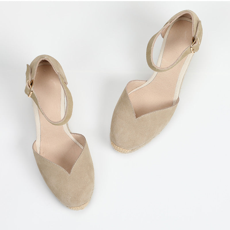 Women's Solid Color Hemp Sole Strap Wedge Fisherman Sandals