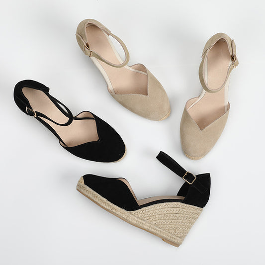 Women's Solid Color Hemp Sole Strap Wedge Fisherman Sandals