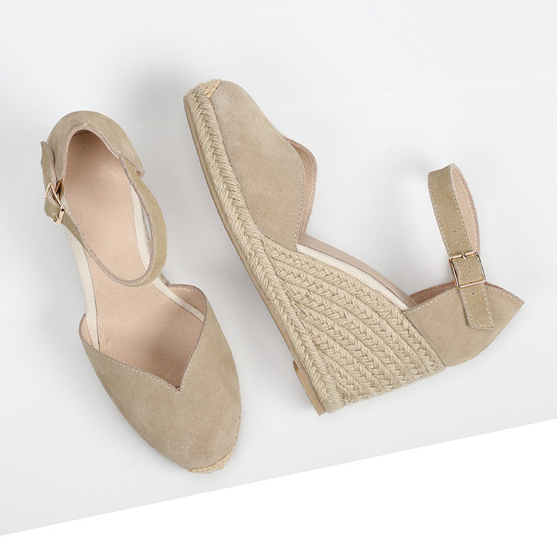 Women's Solid Color Hemp Sole Strap Wedge Fisherman Sandals