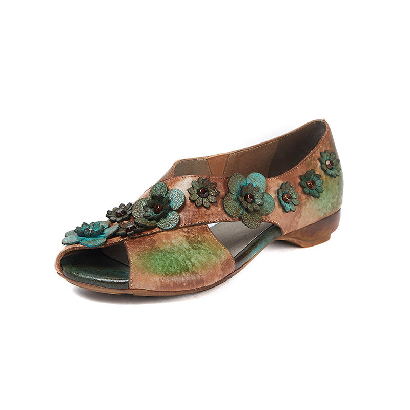 Women's Cowhide Flower Ethnic Style Retro Low Casual Shoes