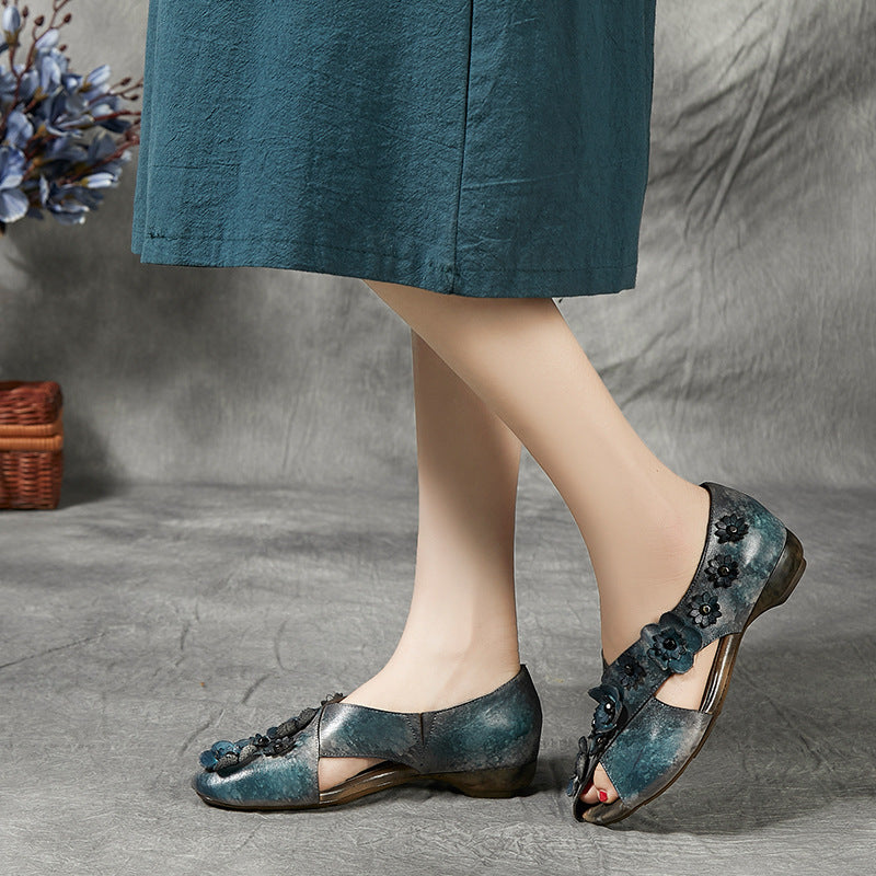 Women's Cowhide Flower Ethnic Style Retro Low Casual Shoes