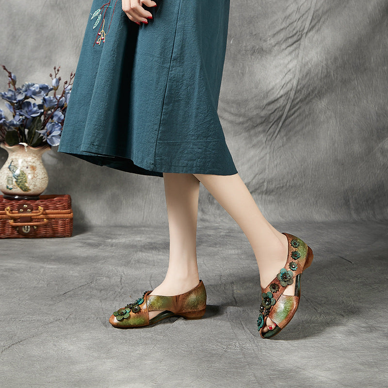 Women's Cowhide Flower Ethnic Style Retro Low Casual Shoes