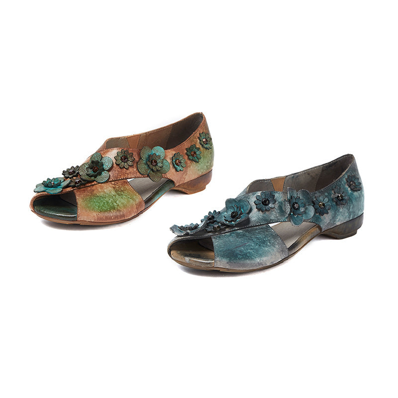 Women's Cowhide Flower Ethnic Style Retro Low Casual Shoes