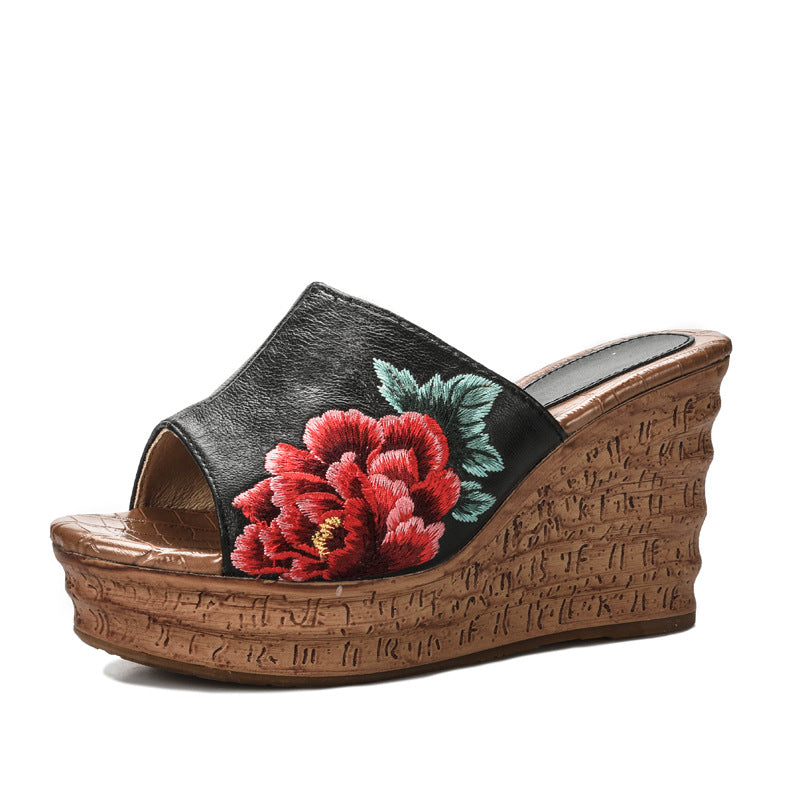 Platform Sponge Cake Embroidered Wedge Peep Heels