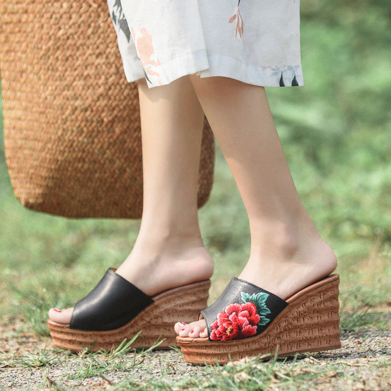 Platform Sponge Cake Embroidered Wedge Peep Heels