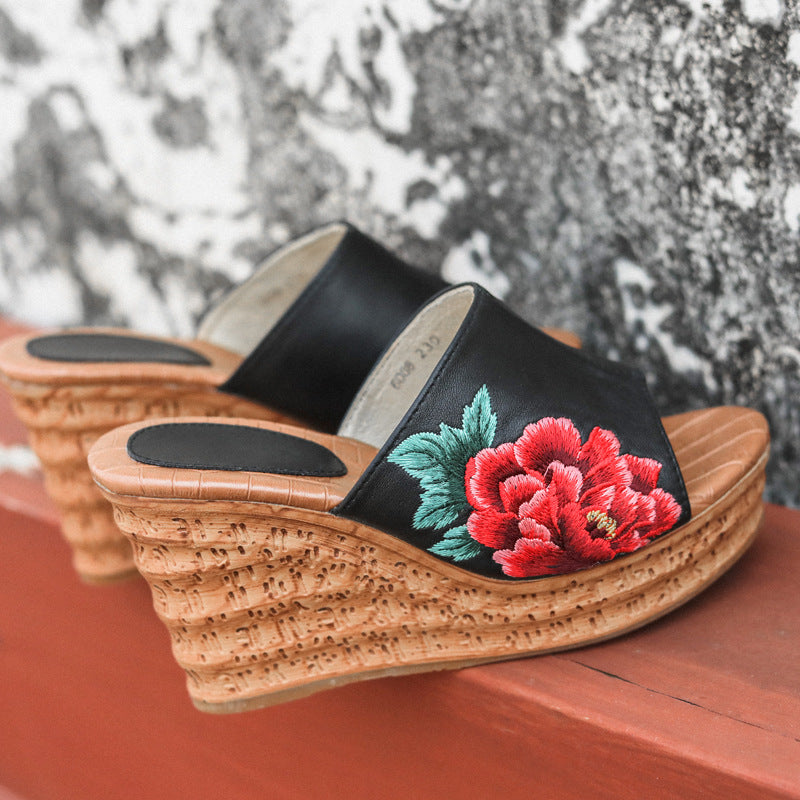 Platform Sponge Cake Embroidered Wedge Peep Heels