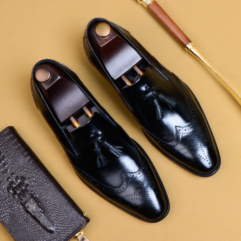 Men's Handmade Carving Brogue Tassel Retro Pointed Toe Formal Men's Business Leather Shoes