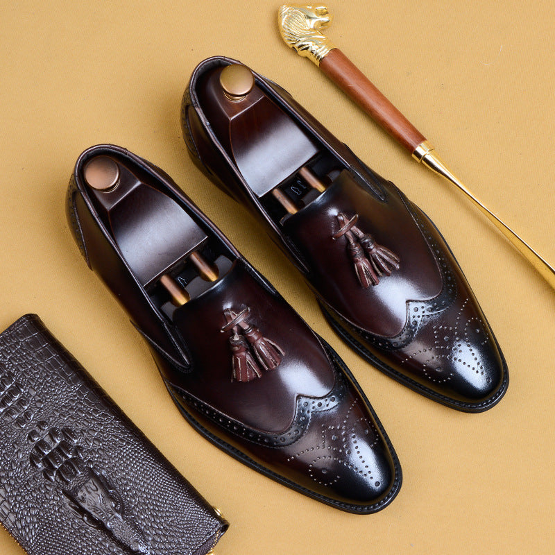 Men's Handmade Carving Brogue Tassel Retro Pointed Toe Formal Men's Business Leather Shoes