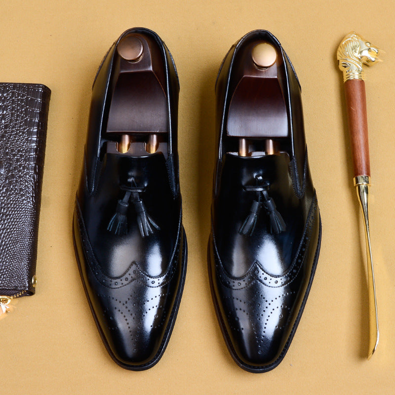 Men's Handmade Carving Brogue Tassel Retro Pointed Toe Formal Men's Business Leather Shoes