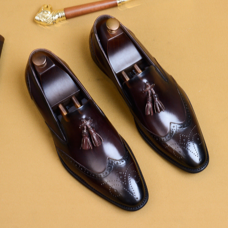 Men's Handmade Carving Brogue Tassel Retro Pointed Toe Formal Men's Business Leather Shoes
