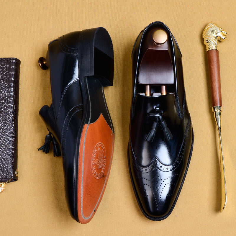 Men's Handmade Carving Brogue Tassel Retro Pointed Toe Formal Men's Business Leather Shoes
