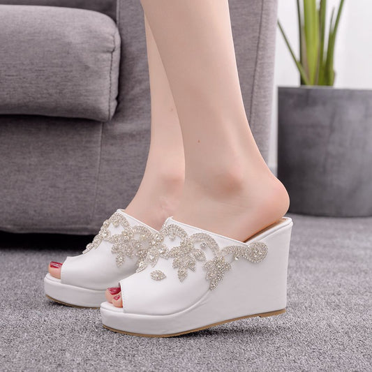 White Rhinestone Peep Toe Wedge Plus Size Waterproof Sandals
