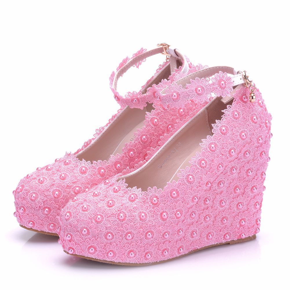 Women's Lace Wedding Wedge Buckle Waterproof Platform Heels