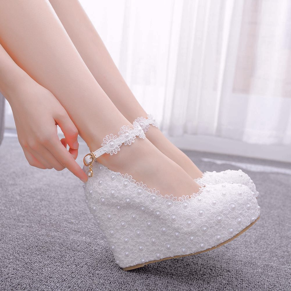 Women's Lace Wedding Wedge Buckle Waterproof Platform Heels