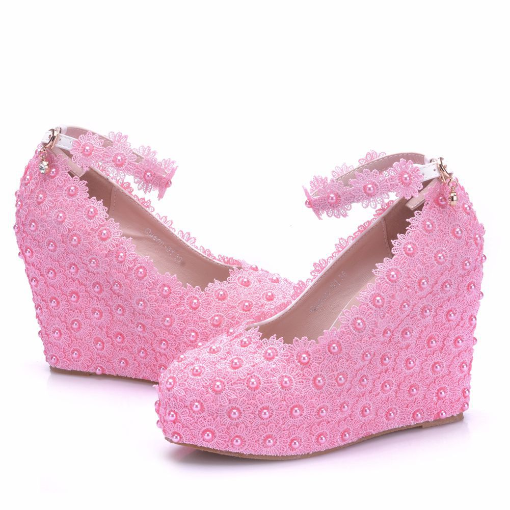 Women's Lace Wedding Wedge Buckle Waterproof Platform Heels