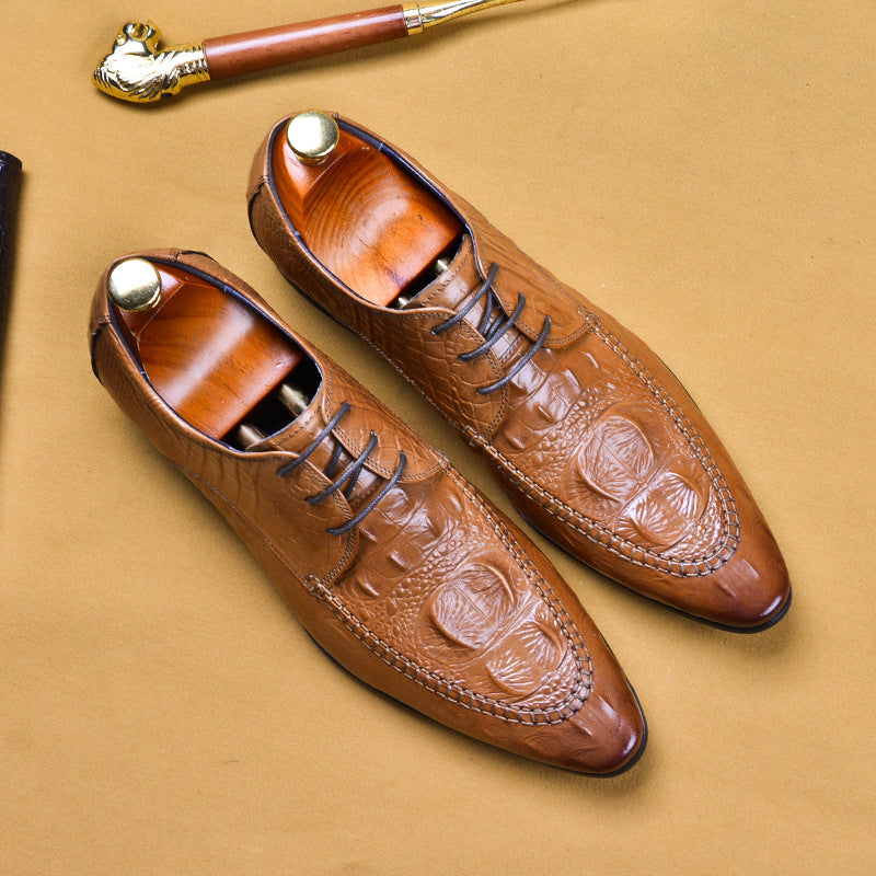 Men's British Business Dress Genuine Pointed Crocodile Leather Shoes
