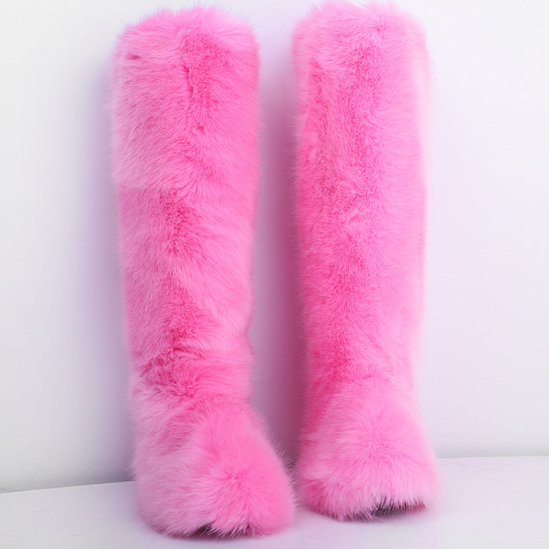 Women's School Long Tube Fox Fur Plush Snow Boots