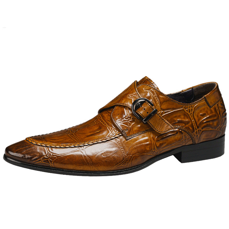 Men's Alligator Pattern Formal Wear First Layer Cowhide Pointed Men's Business Leather Shoes