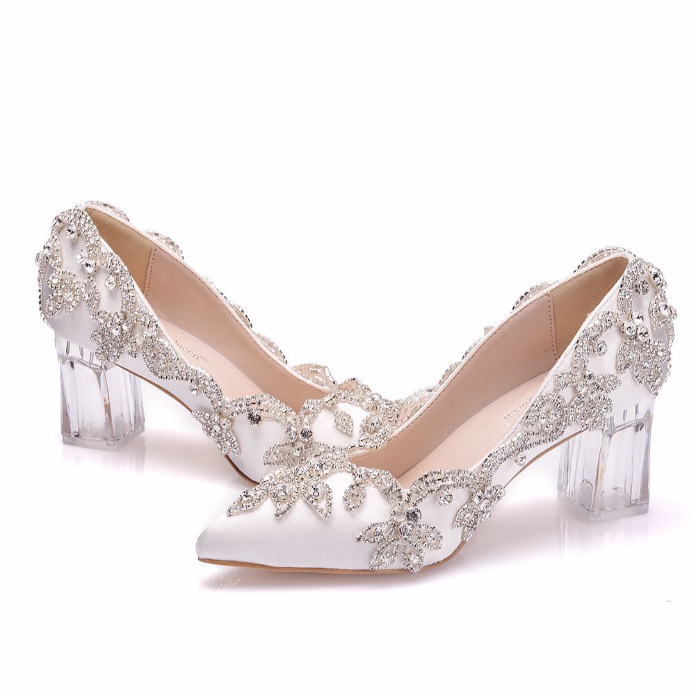 Square Pointed Toe Pumps Prom Bride Satin Cloth Rhinestone Women's Shoes