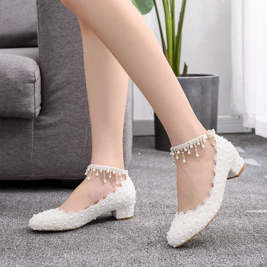 Round Toe Pumps Wrist Strap White Heels