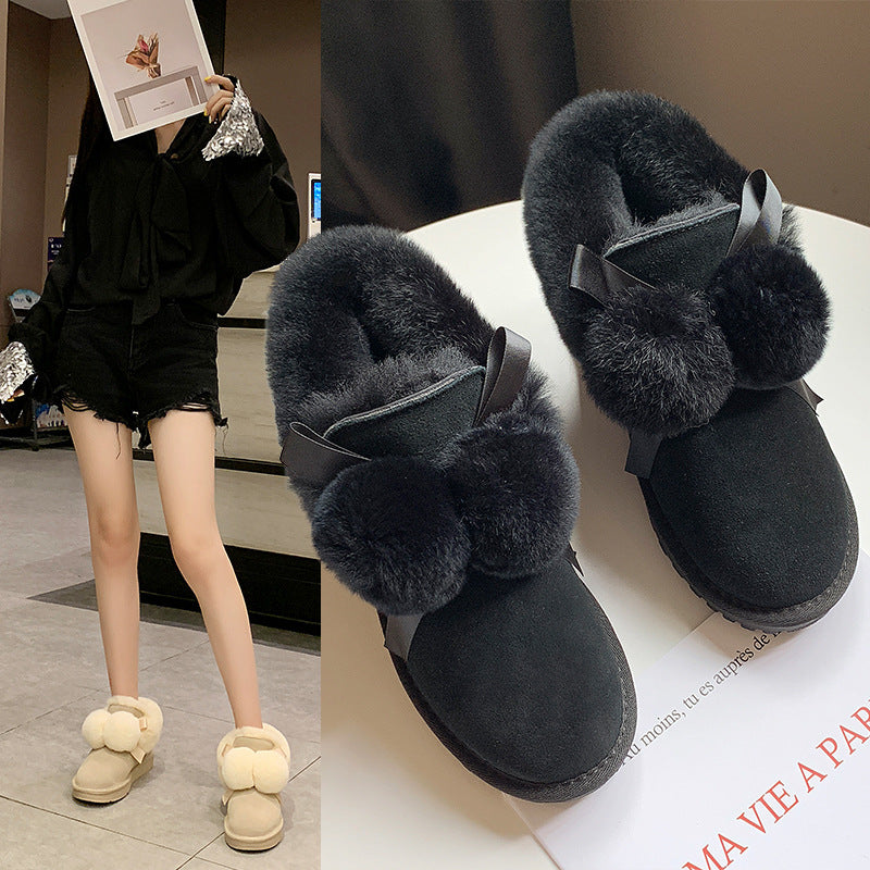 Women's Warm Short Hairy Ball Fleece-lined Bread Snow Boots
