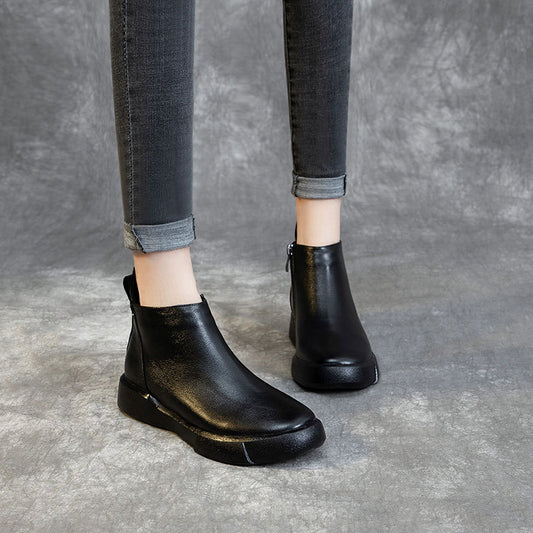 Women's Fleece Lining Thickened Handmade Cowhide Martin Round Boots