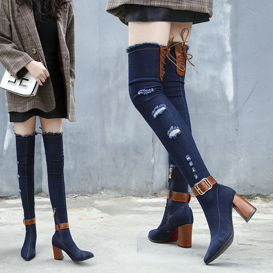 Women's Spring Stiletto Pointed Toe Denim Stretch Boots