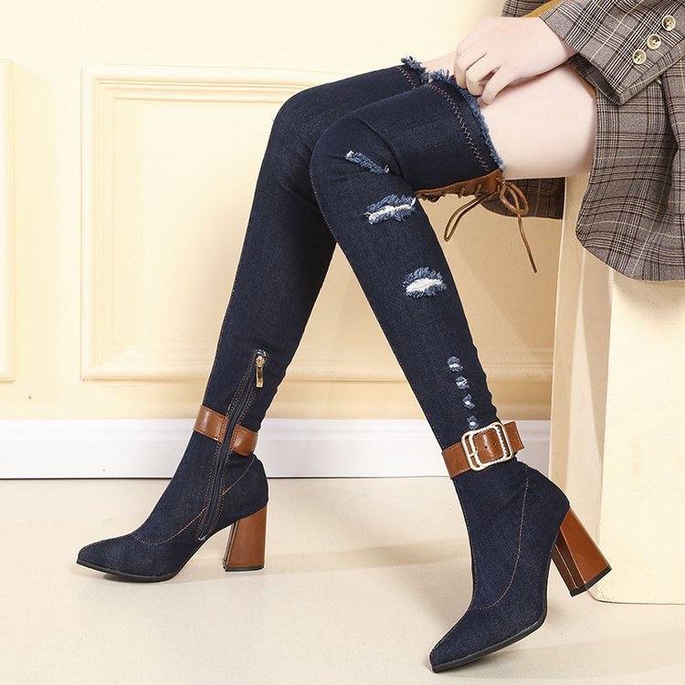 Women's Spring Stiletto Pointed Toe Denim Stretch Boots