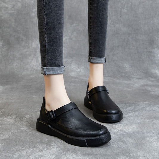 Women's Round Head Top Layer Cowhide Casual Shoes