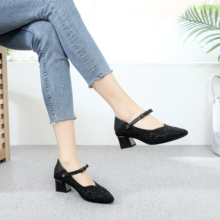 Women's Pointed Toe Chunky Low-cut Breathable Mesh Sandals