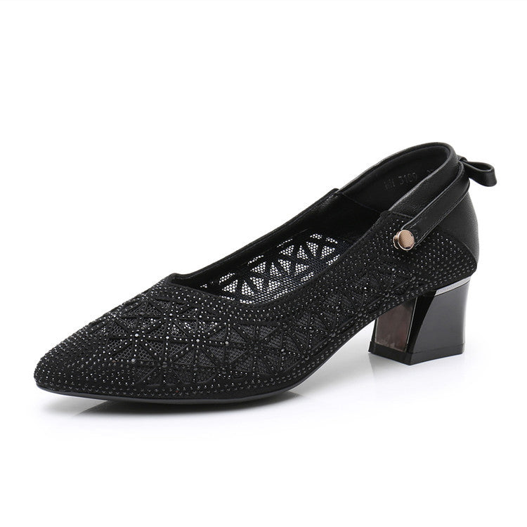 Women's Pointed Toe Chunky Low-cut Breathable Mesh Sandals