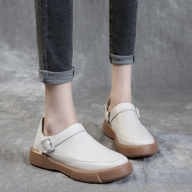 Women's Round Head Top Layer Cowhide Casual Shoes