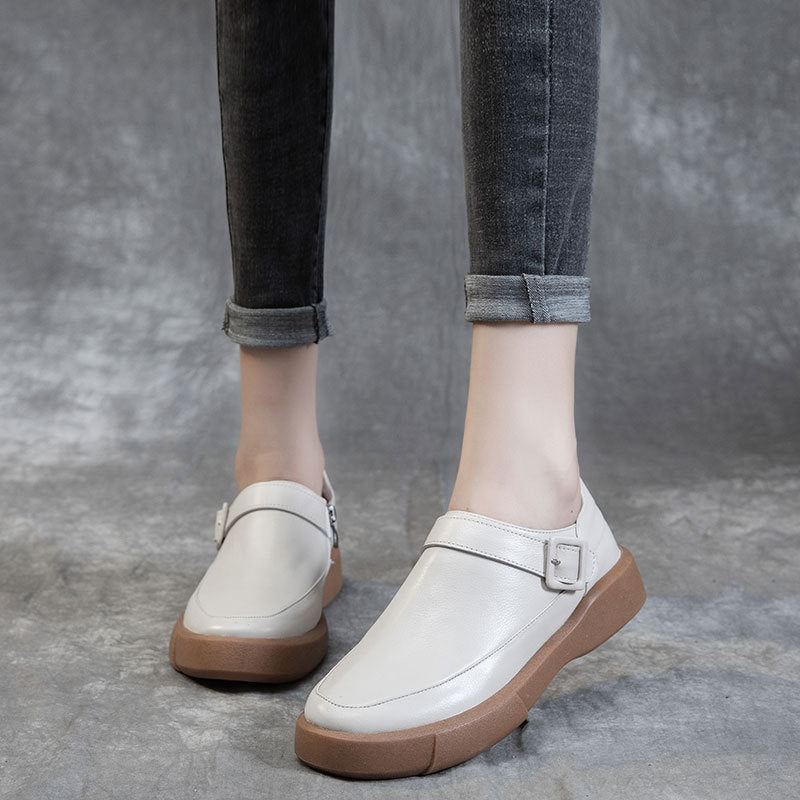 Women's Round Head Top Layer Cowhide Casual Shoes