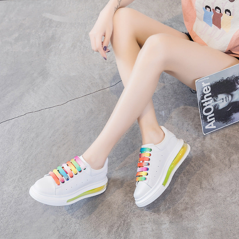 Women's White Thick Bottom Rainbow Lace Up Sports Casual Shoes