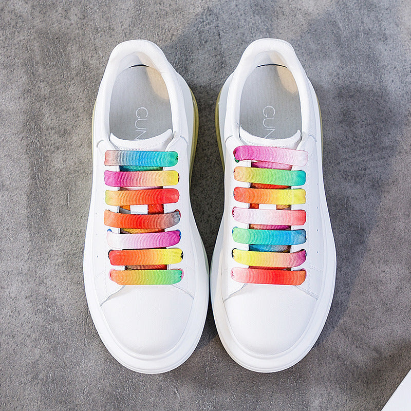 Women's White Thick Bottom Rainbow Lace Up Sports Casual Shoes