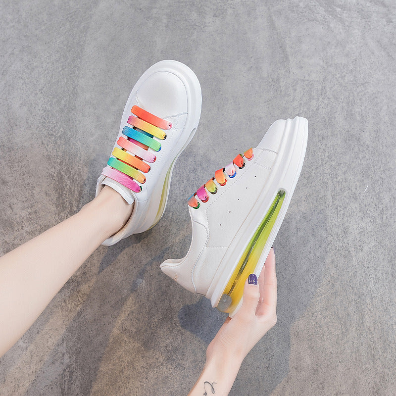 Women's White Thick Bottom Rainbow Lace Up Sports Casual Shoes