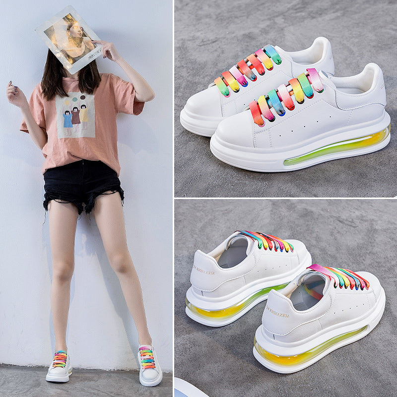 Women's White Thick Bottom Rainbow Lace Up Sports Casual Shoes
