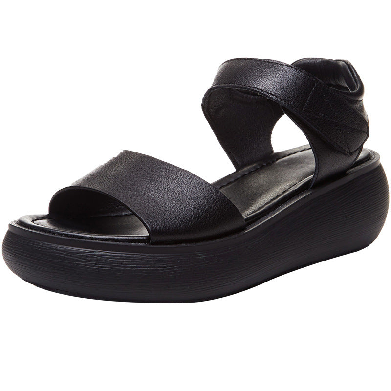 Women's Top Layer Cowhide Large Round Head Leisure Flat For Sandals