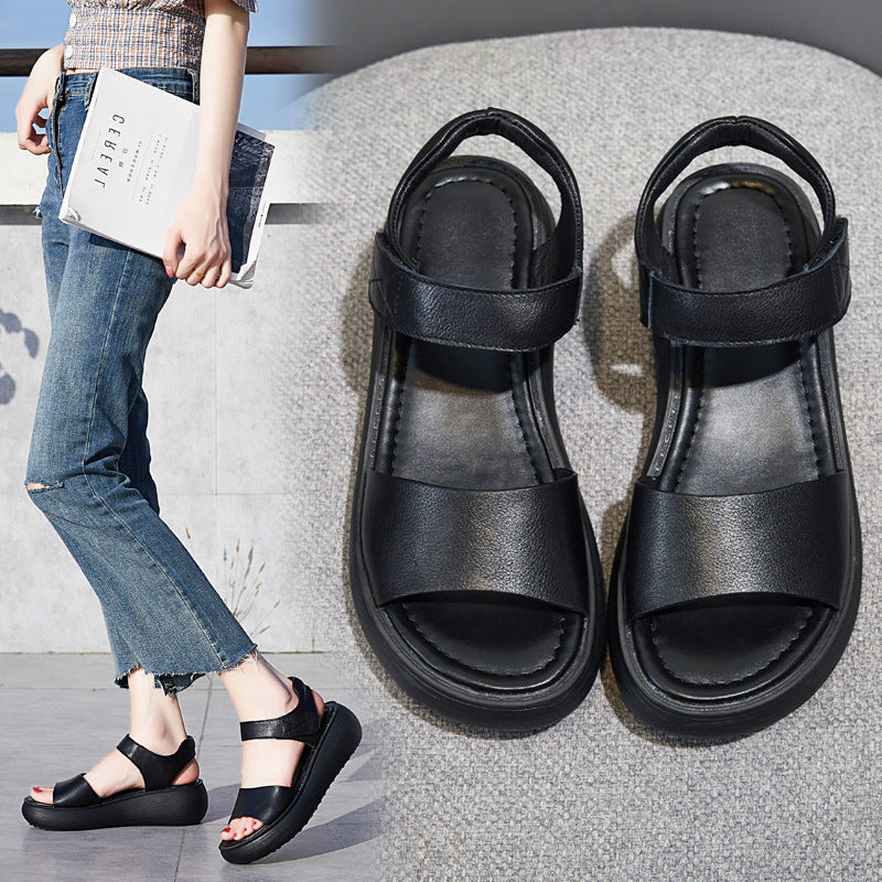 Women's Top Layer Cowhide Large Round Head Leisure Flat For Sandals