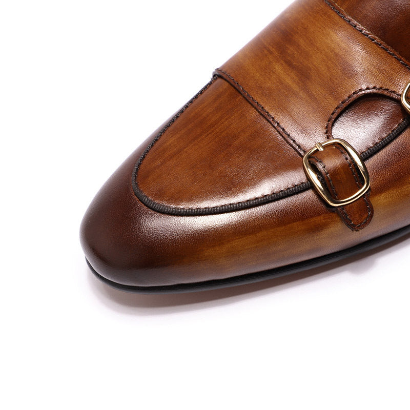 Men's Double Buckle Top Layer Cowhide Slip-on Leather Shoes