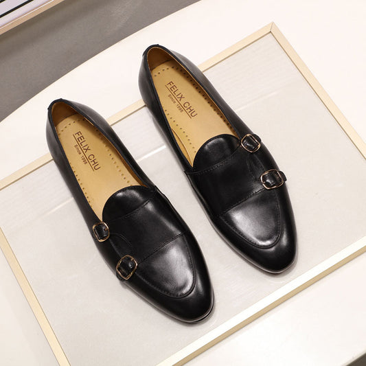 Men's Double Buckle Top Layer Cowhide Slip-on Leather Shoes