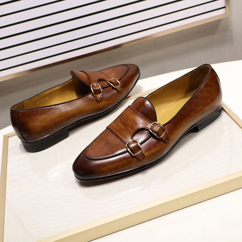 Men's Double Buckle Top Layer Cowhide Slip-on Leather Shoes