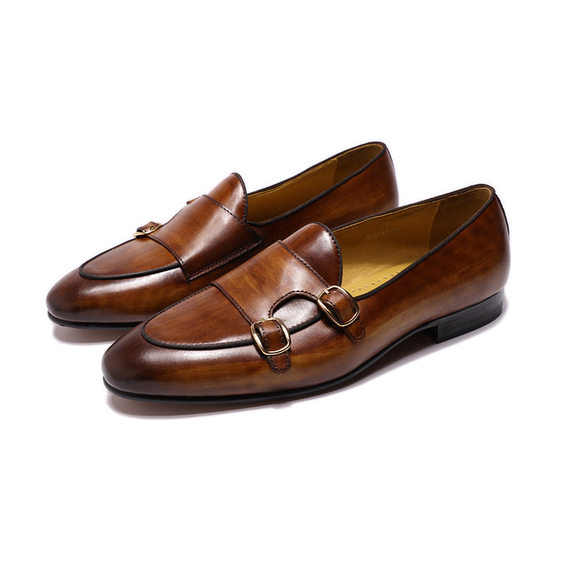 Men's Double Buckle Top Layer Cowhide Slip-on Leather Shoes