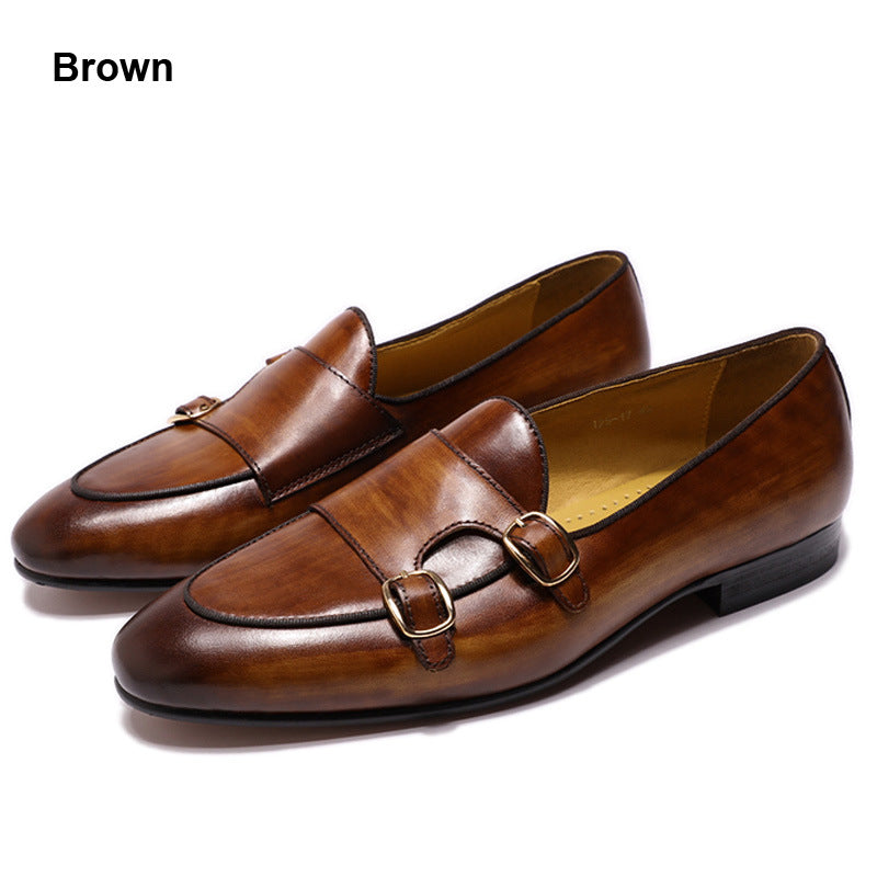 Men's Double Buckle Top Layer Cowhide Slip-on Leather Shoes