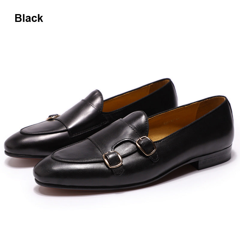 Men's Double Buckle Top Layer Cowhide Slip-on Leather Shoes